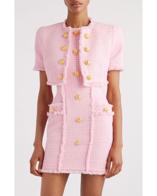 Balmain Pink Gingham Tweed Short Sleeve Crop Jacket
