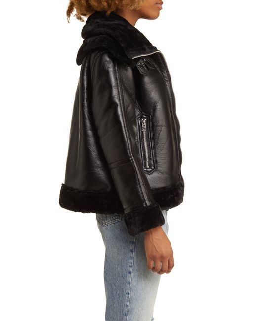 Faux Leather Aviator Jacket With Faux Fur Trim in Black Lyst