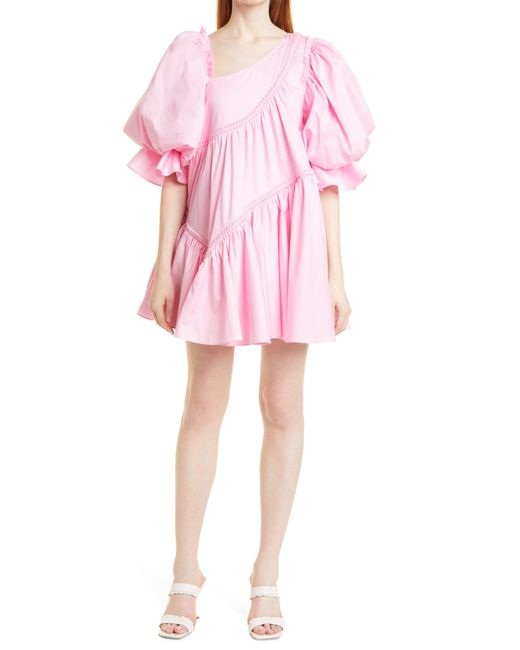 Aje. Pink Casabianca Braided Asymmetric Puff Sleeve Minidress
