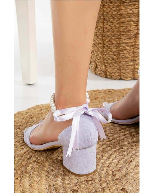 Forever & Always Shoes White Illy Low Block Heel Sandals With Pearls