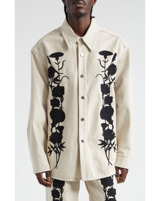 Song For The Mute White Embroidered Foliage Cotton Shirt Jacket for men