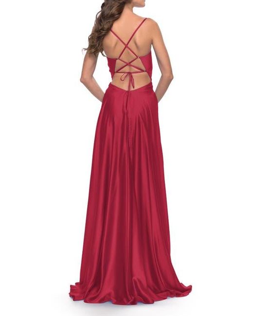 La Femme Red Satin A-Line Gown With Cut Out And Twist Bodice