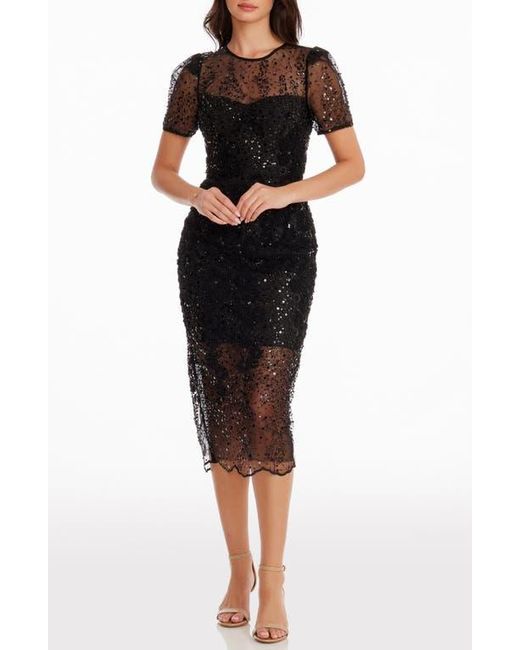 Dress the Population Black Lia Sequin Illusion Mesh Overlay Midi Cocktail Dress