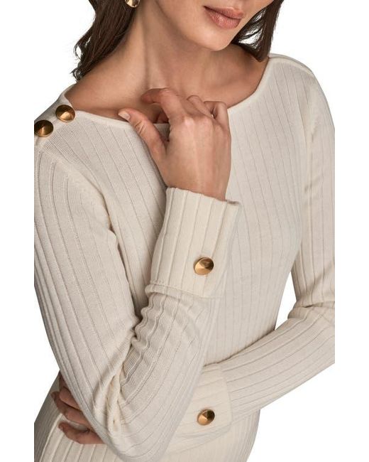 Donna Karan Natural Button Shoulder Boat Neck Rib Sweater