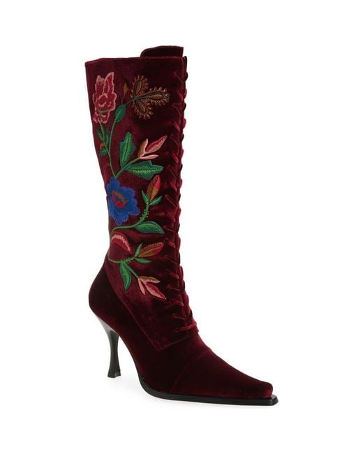 Jeffrey Campbell Red Joyeux Floral Lace-Up Knee High Boot