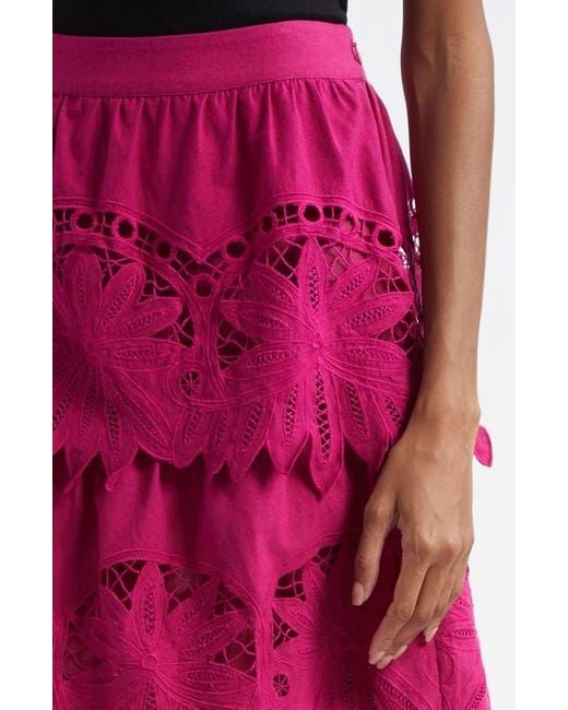 Farm Rio Pink Daisy Guipure Lace Cotton & Linen Tiered Skirt