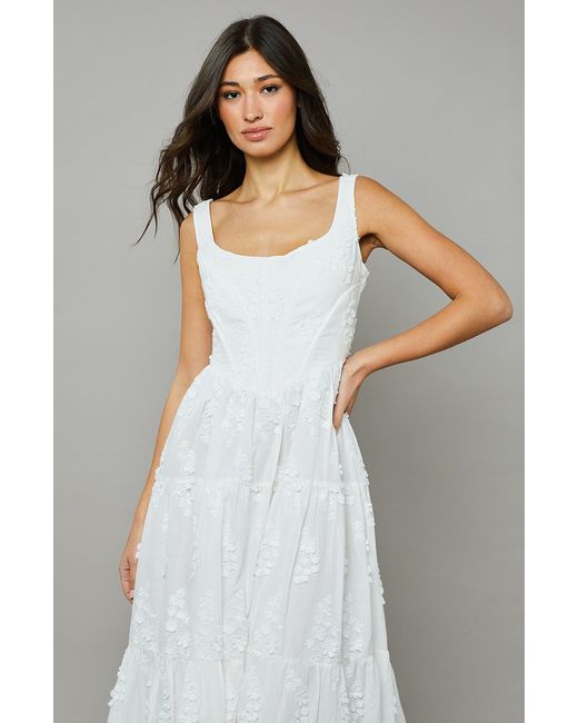 Rare London White 3d Floral Corset Midi Dress