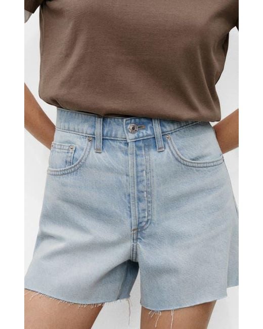 Mango Blue Button Fly Fray Hem Denim Shorts