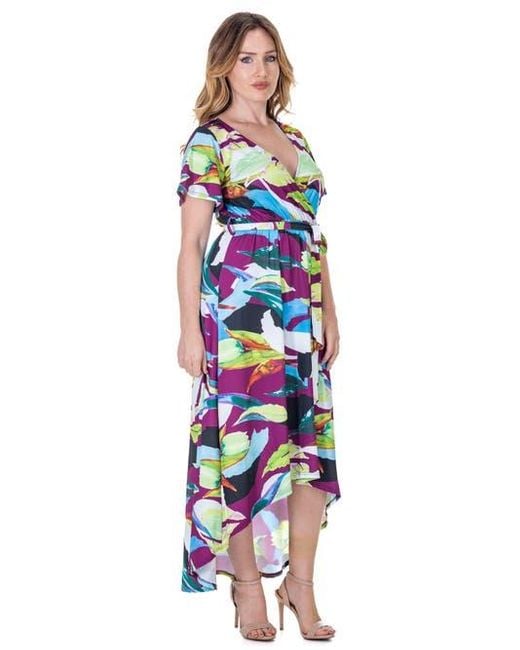 24seven Comfort Apparel White Colorful Floral V-Neck Belted High Low Faux Wrap Dress