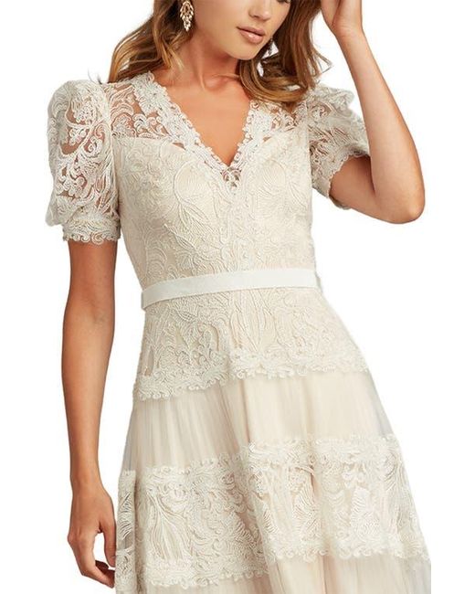 tadashi shoji embroidered lace v neck dress Tadashi Shoji Short Sleeve V Neck Embroidered Lace Midi Dress, Womens, 12, Black/Nude