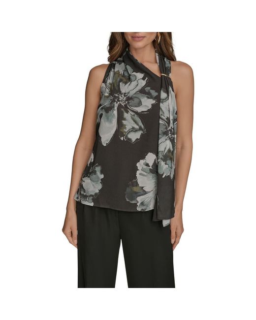 Donna Karan Black Print Side Drape Sleeveless Top