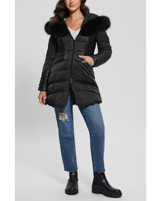 Guess Black New Oxana Mixed Media Puffer Coat