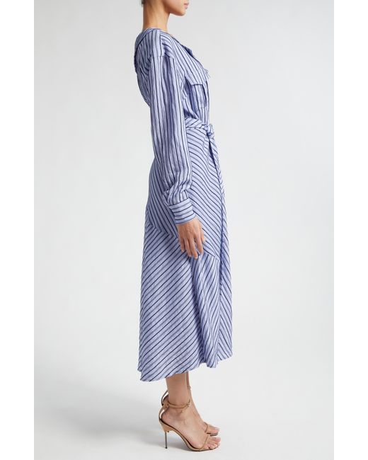 Cinq À Sept Blue Marcella Asymmetric Stripe Long Sleeve Midi Shirtdress