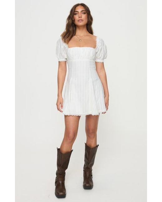 Princess Polly White Rabatia Swiss Dot & Tonal Stripe Cotton Minidress