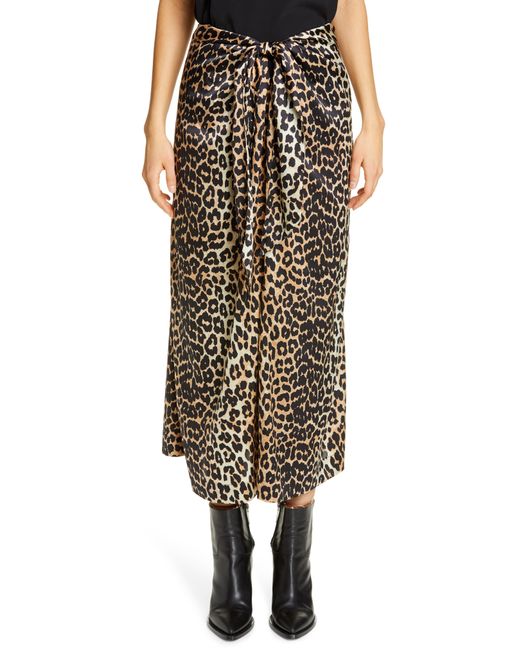 Ganni Black Leopard Print Silk Satin Midi Skirt