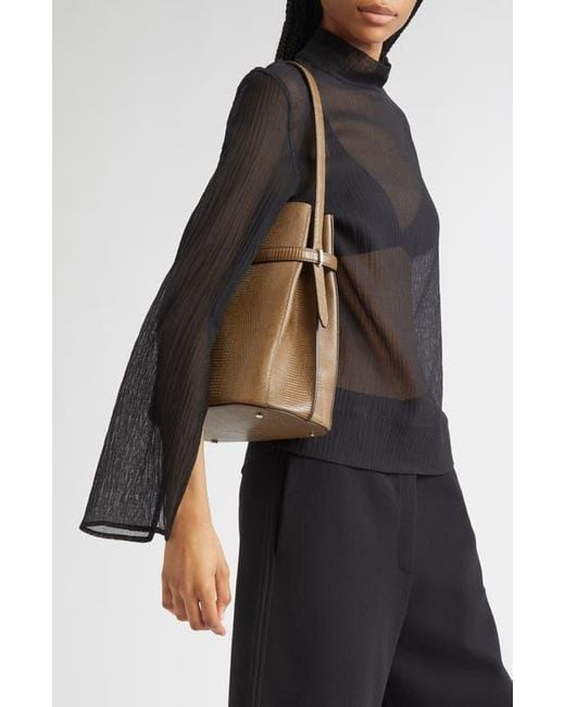 Totême  Brown Belted Lizard Embossed Leather Bucket Shoulder Bag