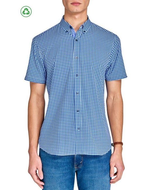 Con.struct Blue Slim Fit Mini Check Recycled 4-Way Stretch Performance Short Sleeve Shirt for men