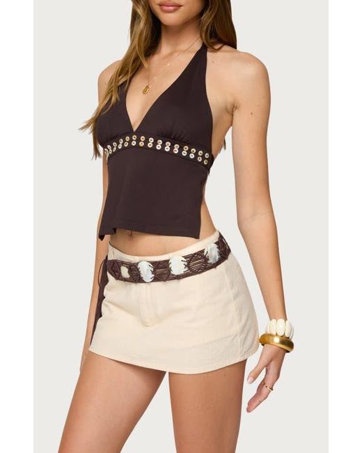 Edikted Brown Button Trim Open Back Halter Top