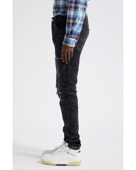 Amiri Blue Mx1 Plaid Ripped & Patched Stretch Skinny Jeans for men