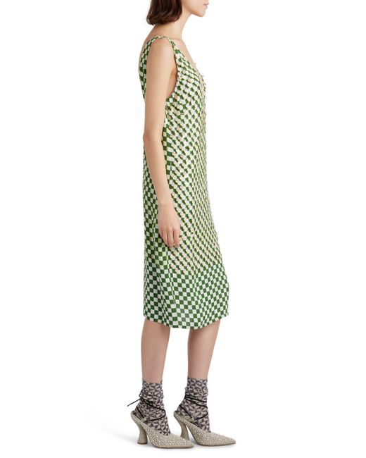 Dries Van Noten Green Paillette Warped Check Shift Dress