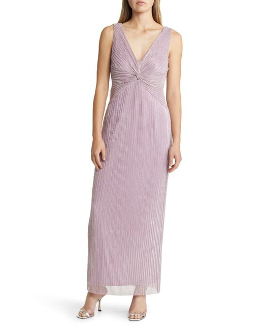 Connected Apparel Pink Pleated Metallic Twist Front Gown