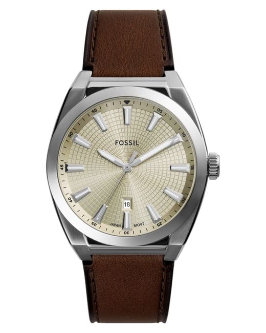 Fossil Metallic Everett Leather Strap Watch, 42Mm for men