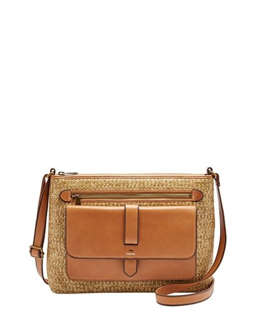 Fossil Medium Kinley Leather And Straw Cross-Body Bag in Brown (TAN) | Lyst