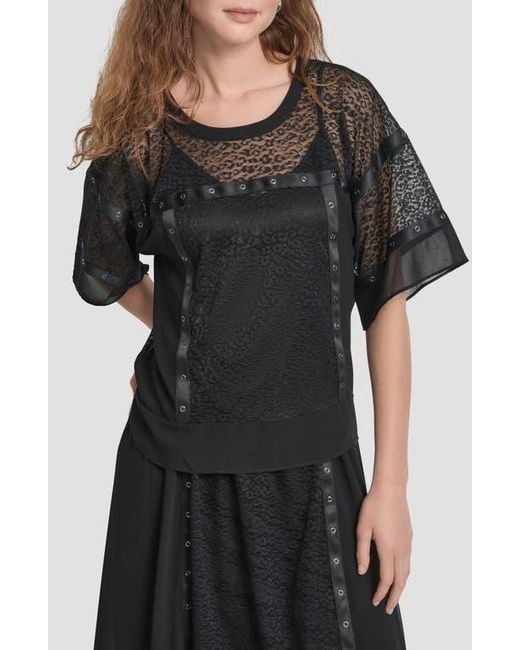DKNY Black Flowy Leopard Mesh Boxy Top