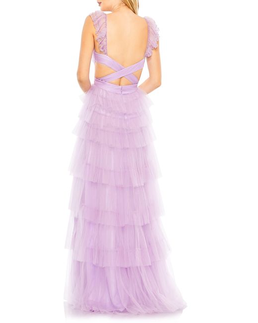 Mac Duggal Purple Tiered Ruffle Cutout Tulle Gown