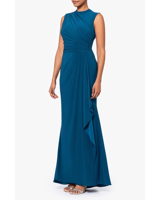 Betsy & Adam Blue Ruched Sleeveless Gown