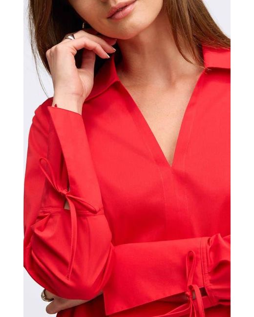 Foxcroft Red Carla Tie Cuff Cotton Blend Popover Top