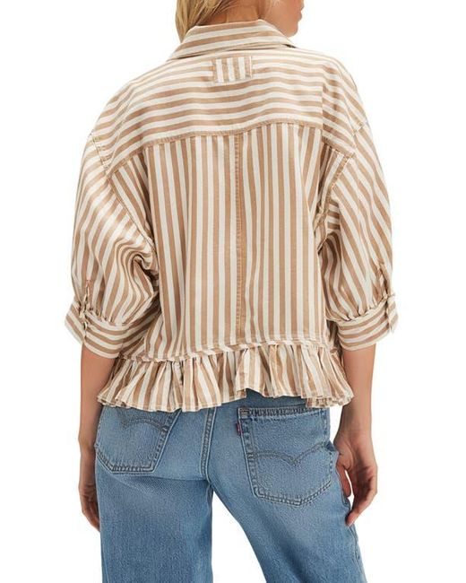 Free People Blue Bailey Stripe Ruffle Hem Cotton Button-Up Shirt
