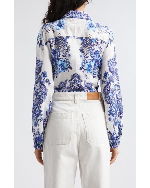 Camilla Blue Glaze & Graze Print Tie Front Silk Crepe Crop Shirt