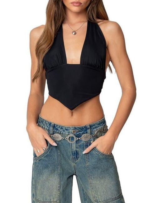 Edikted Blue Open Back Triangle Hem Crop Halter Top