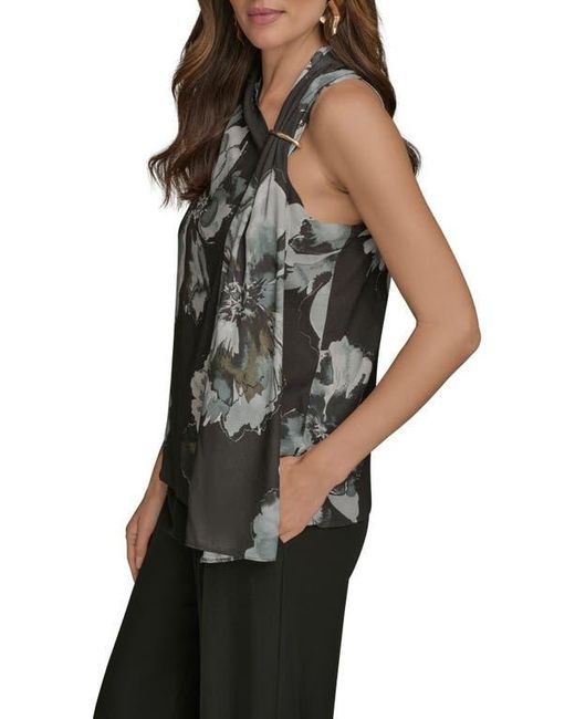 Donna Karan Black Print Side Drape Sleeveless Top