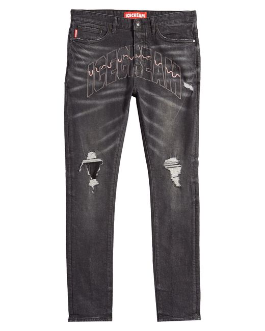 ICECREAM Black Frosty Embroidered Ripped Jeans for men