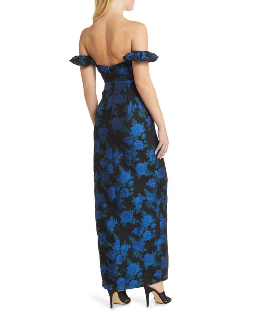 Lulus Blue Exceptional Occasion Floral Jacquard Off The Shoulder Gown
