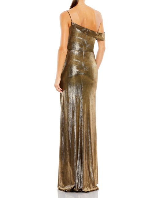 Ieena for Mac Duggal Asymmetric Metallic Wrap Front Gown