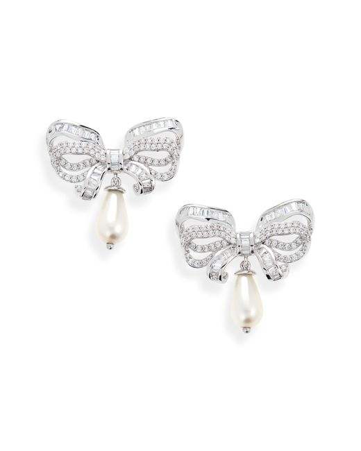 Judith Leiber White Imitation Pearl Drop Pavé Bow Earrings
