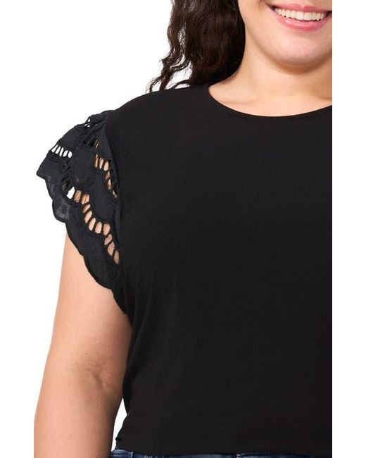 Cece Black Embroidered Flutter Sleeve Mixed Media Top