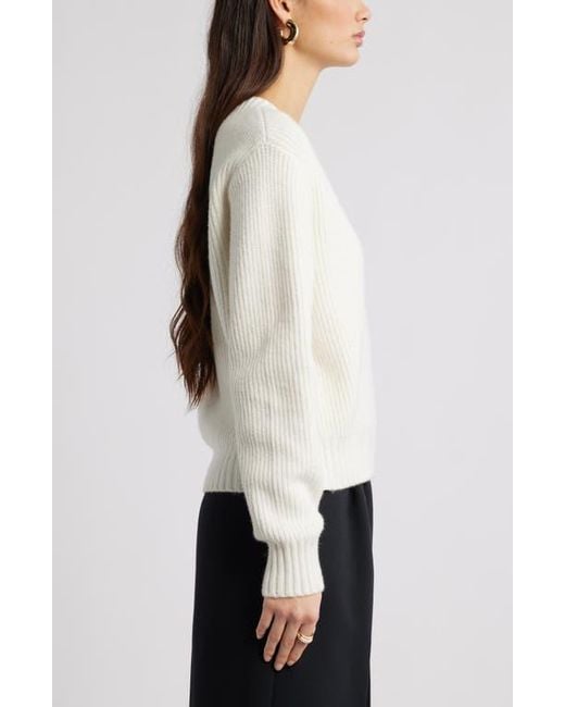 Open Edit White Rib V-Neck Sweater