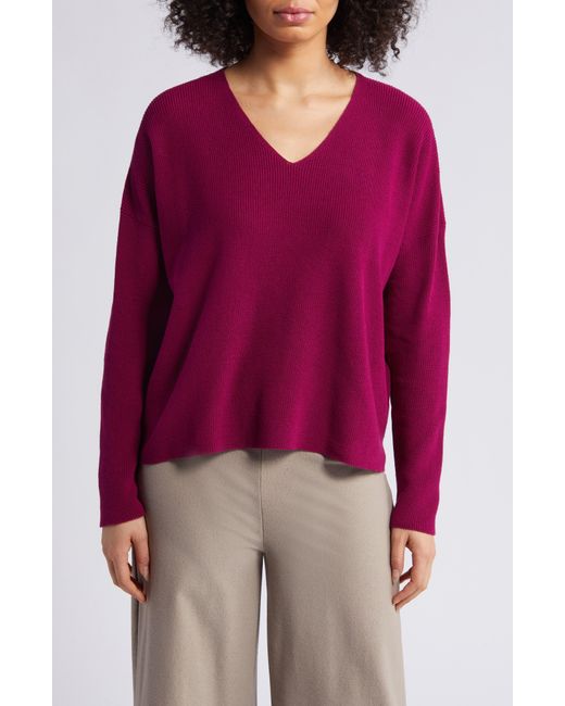 Eileen Fisher Red V-neck Organic Cotton Pullover Sweater