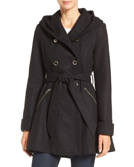 Jessica simpson Double Breasted Hooded Trench Coat in Black | Lyst