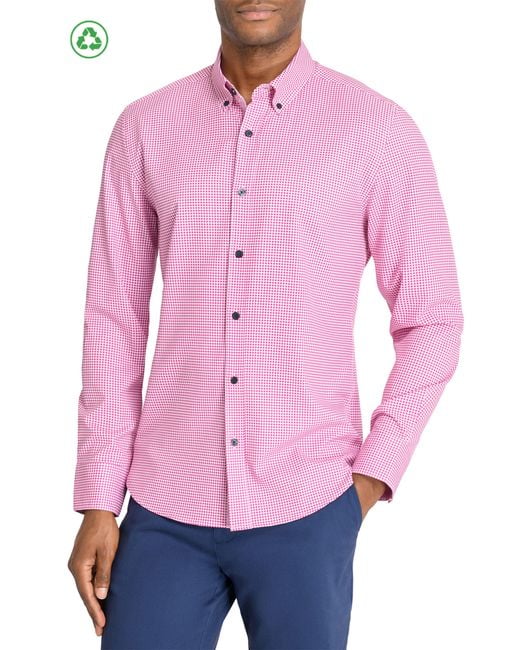 Con.struct Pink Slim Fit Micro Plaid Recycled 4-Way Stretch Performance Long Sleeve Shirt for men