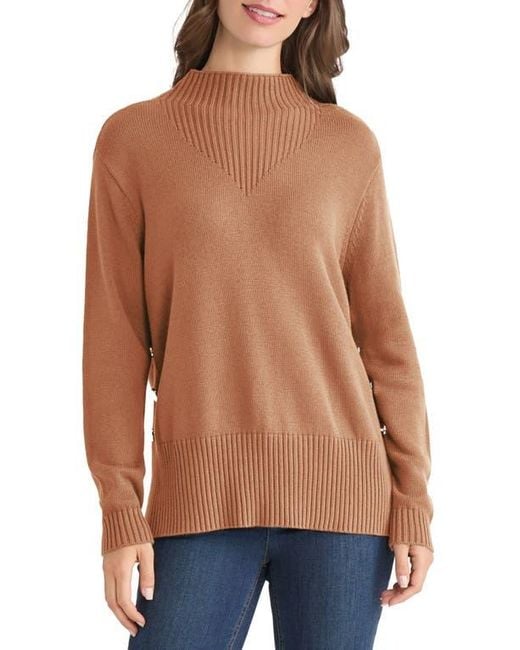 Jones New York Blue Button Detail Rib Funnel Neck Sweater