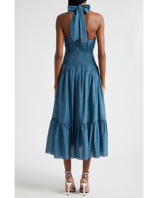 Cinq À Sept Blue Dover Cotton & Silk Halter Midi Dress