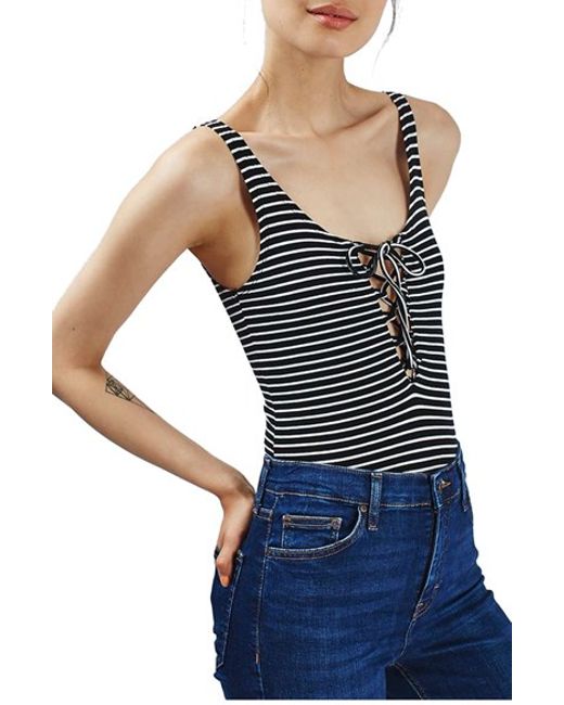 Black striped lace bodysuit up women