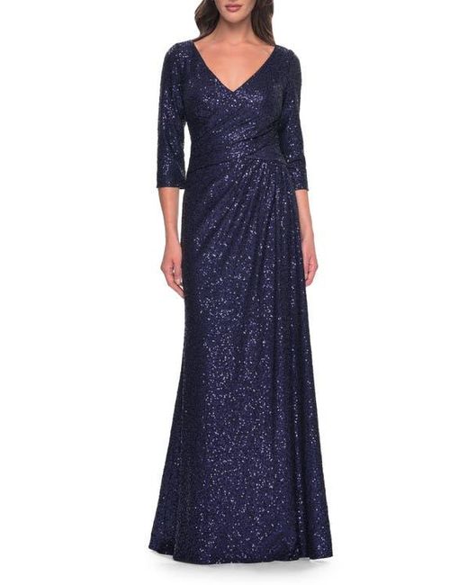 La Femme Blue Long Sequin Gown With Ruching And Draped Skirt