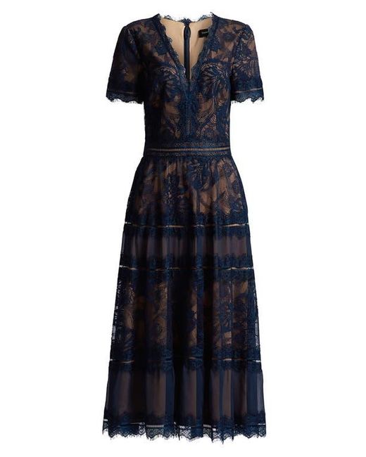 Tadashi ShojiタダシショージPAIK LACE MIDI DRESS Tadashi Shoji Pleated Lace Tiered Floral-Print Midi Dress