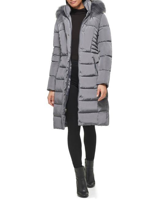 Kenneth Cole Gray Memory Faux Fur Trim Hooded Puffer Coat